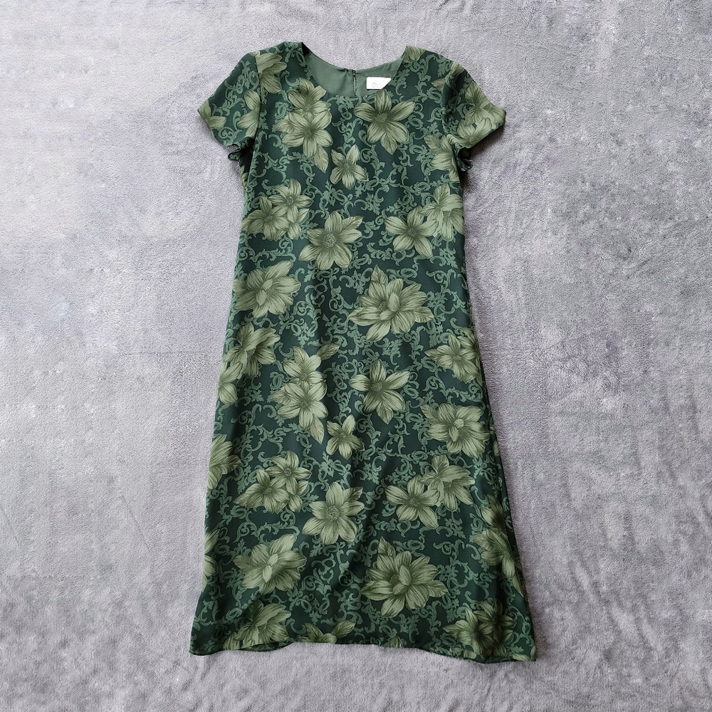 Kathie Lee Collection Retro Forest Green Floral Vine Short Sleeve Maxi Dress